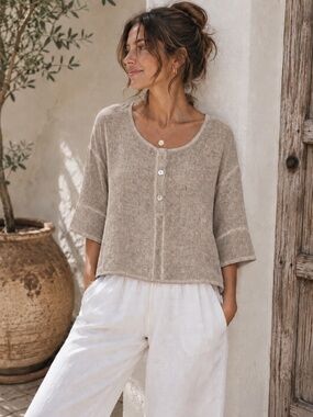Gabriella Boxy Relaxed Fit Linen Cotton Blend Top